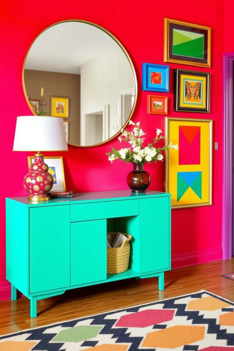 Bright colors to energize the entryway. A vibrant console table in a bold hue is positioned against the wall, adorned with a large round mirror above it. Colorful artwork in various frames is displayed on the wall, adding visual interest and personality. A stylish rug with geometric patterns lies underfoot, complementing the lively atmosphere of the space.