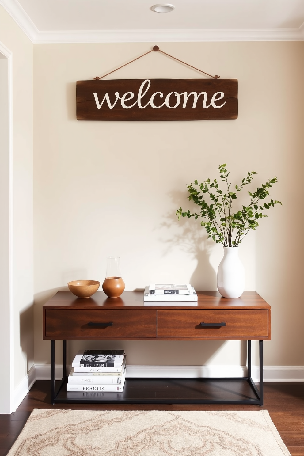 A welcoming sign hangs above a stylish entryway table that features a sleek design with a rich wood finish. The table is adorned with a small potted plant, a decorative bowl, and a stack of art books, creating an inviting atmosphere. The walls are painted in a soft beige color, enhancing the warmth of the space. A cozy rug in muted tones lies beneath the table, adding texture and comfort to the entryway.