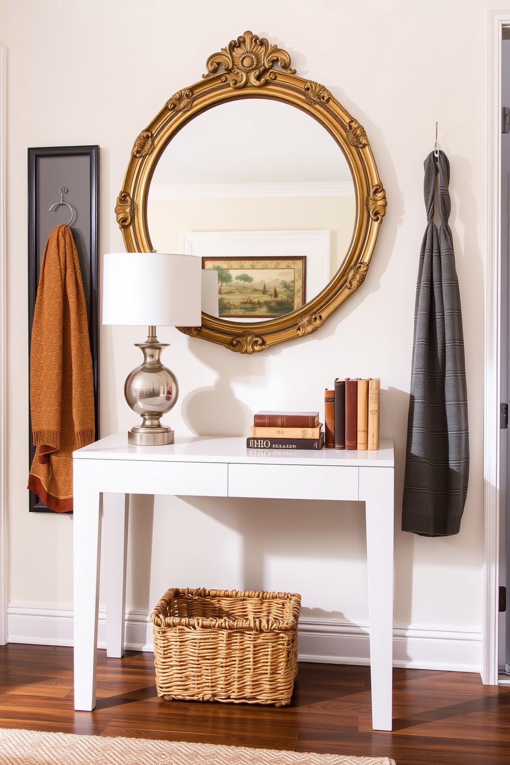 A stylish entryway table adorned with decorative bowls serves as a catch-all for keys and small items. The table features a sleek wooden design with a polished finish, complemented by two elegant ceramic bowls in contrasting colors. The bowls are artfully arranged, one in a deep navy blue and the other in a soft white, creating a harmonious balance. Above the table, a round mirror reflects the natural light, enhancing the inviting atmosphere of the entryway.