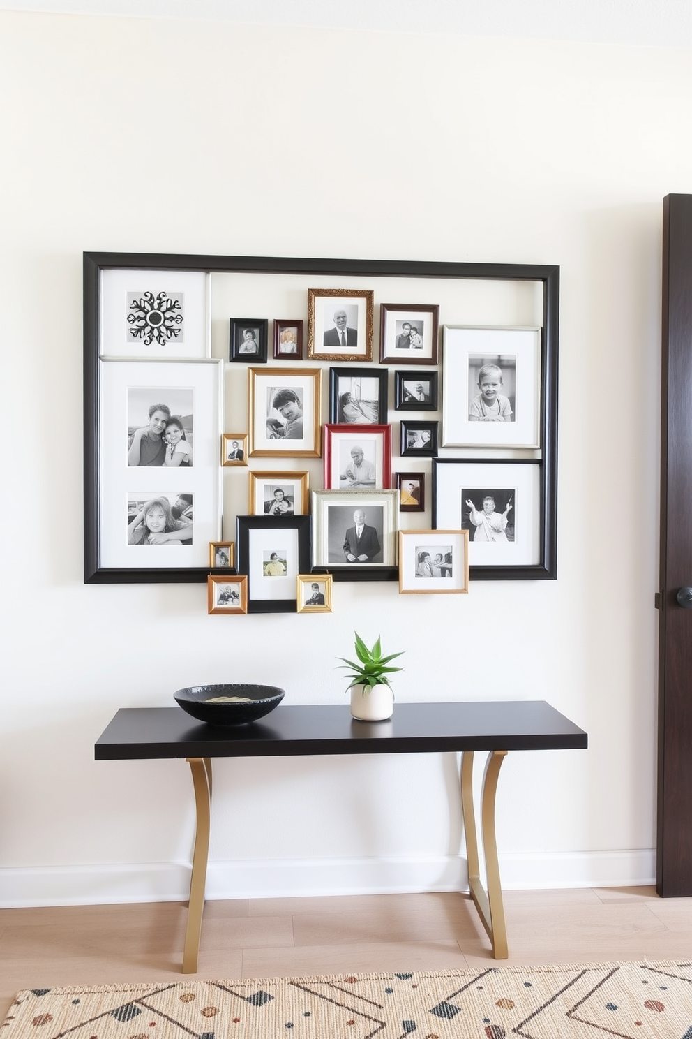 A stylish entryway featuring a cluster of personalized photo frames arranged artfully on a sleek console table. The table is adorned with a decorative bowl and a small potted plant, while the walls are painted in a soft neutral tone to create a welcoming atmosphere.