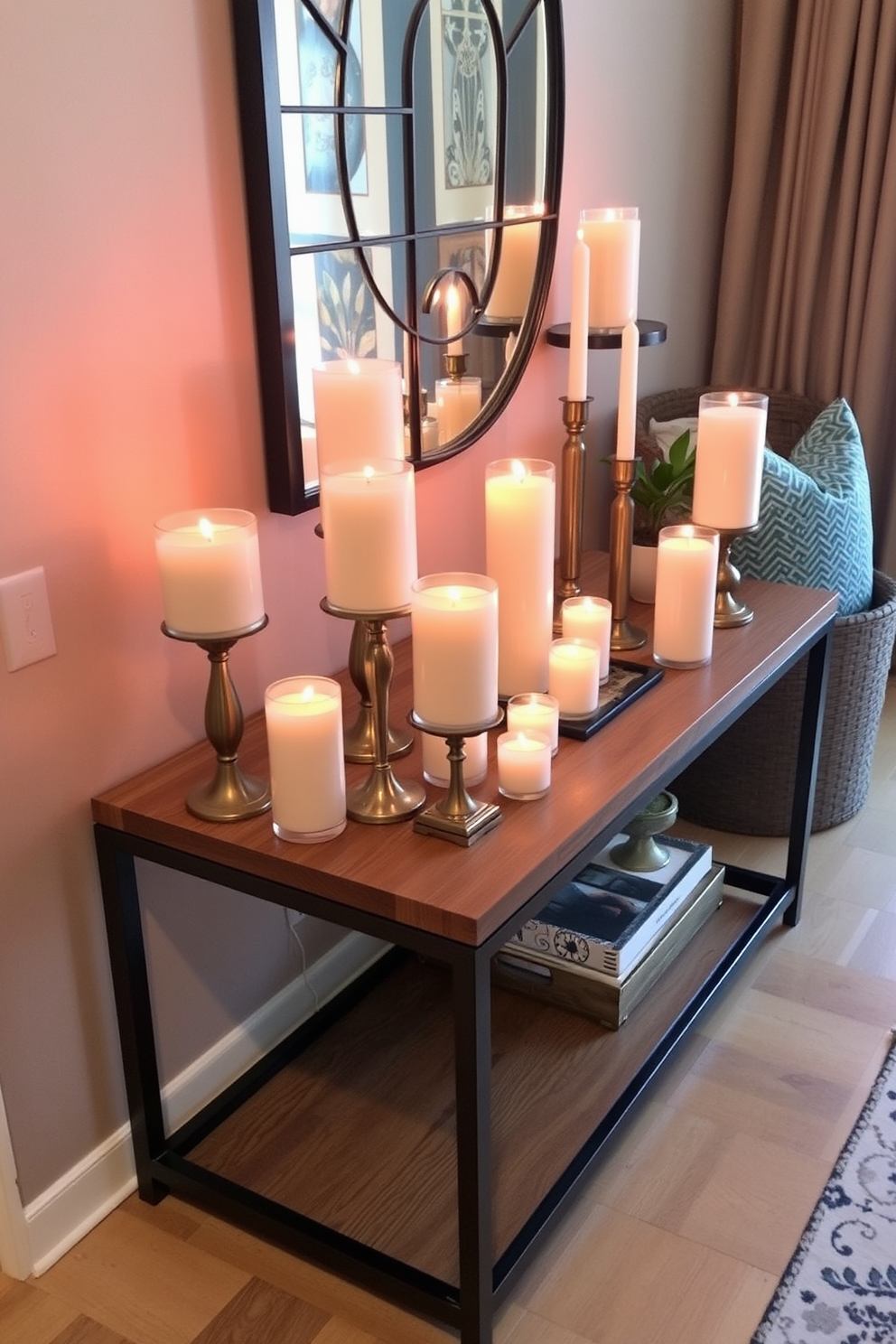 A stylish entryway table is adorned with candles of varying heights, creating a warm and inviting ambiance. The table features a sleek design with a mix of materials, such as wood and metal, complemented by decorative elements like a small plant and an elegant tray.