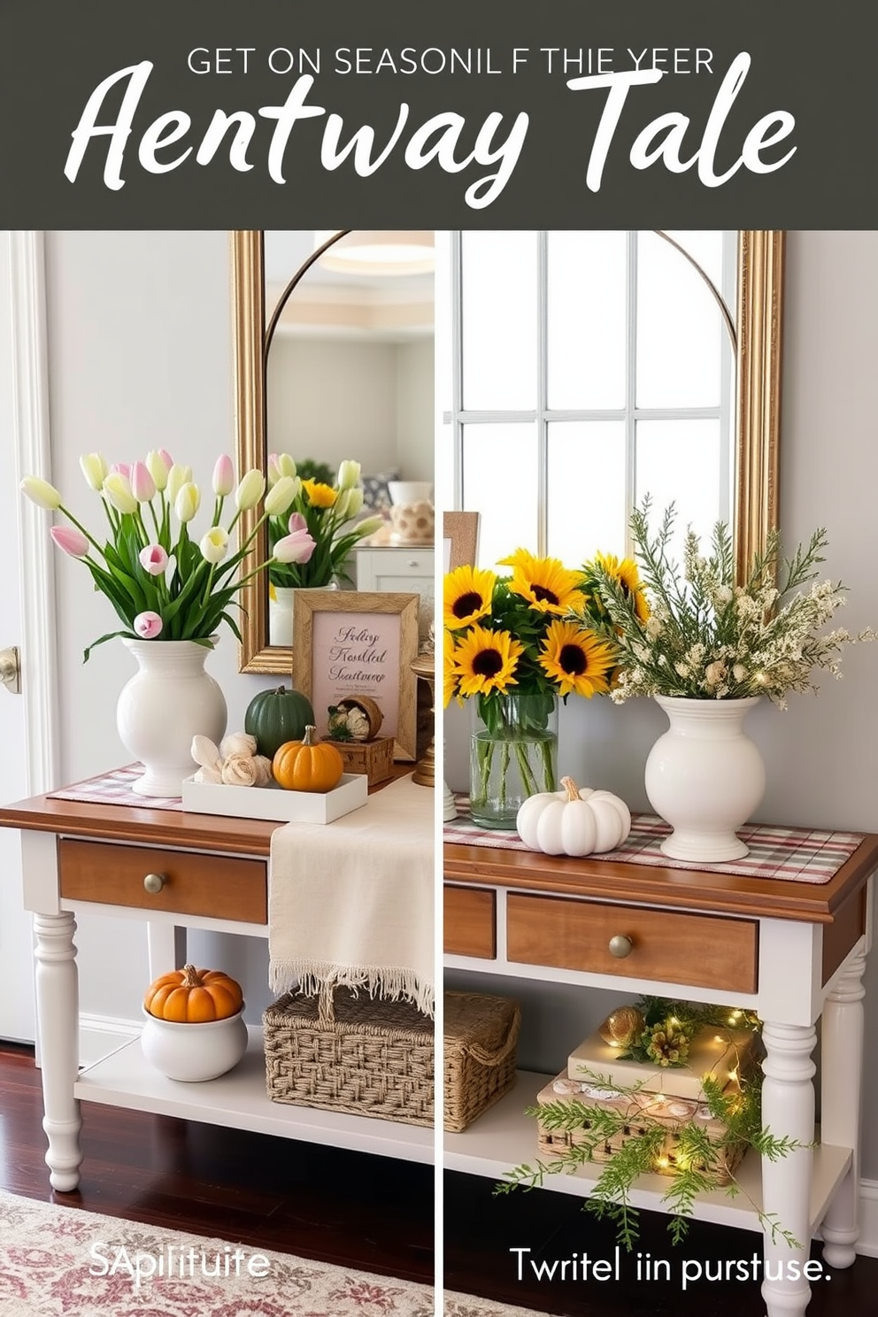 A stylish entryway table adorned with seasonal decor elements that can be easily changed throughout the year. In spring, the table features a fresh bouquet of tulips in a ceramic vase, paired with pastel-colored decorative items and a light fabric runner. For summer, the decor shifts to vibrant sunflowers and seashell accents, creating a bright and inviting atmosphere. In autumn, the table showcases rich, warm tones with pumpkins, gourds, and a cozy plaid tablecloth, while winter brings in evergreen branches and twinkling fairy lights for a festive touch.