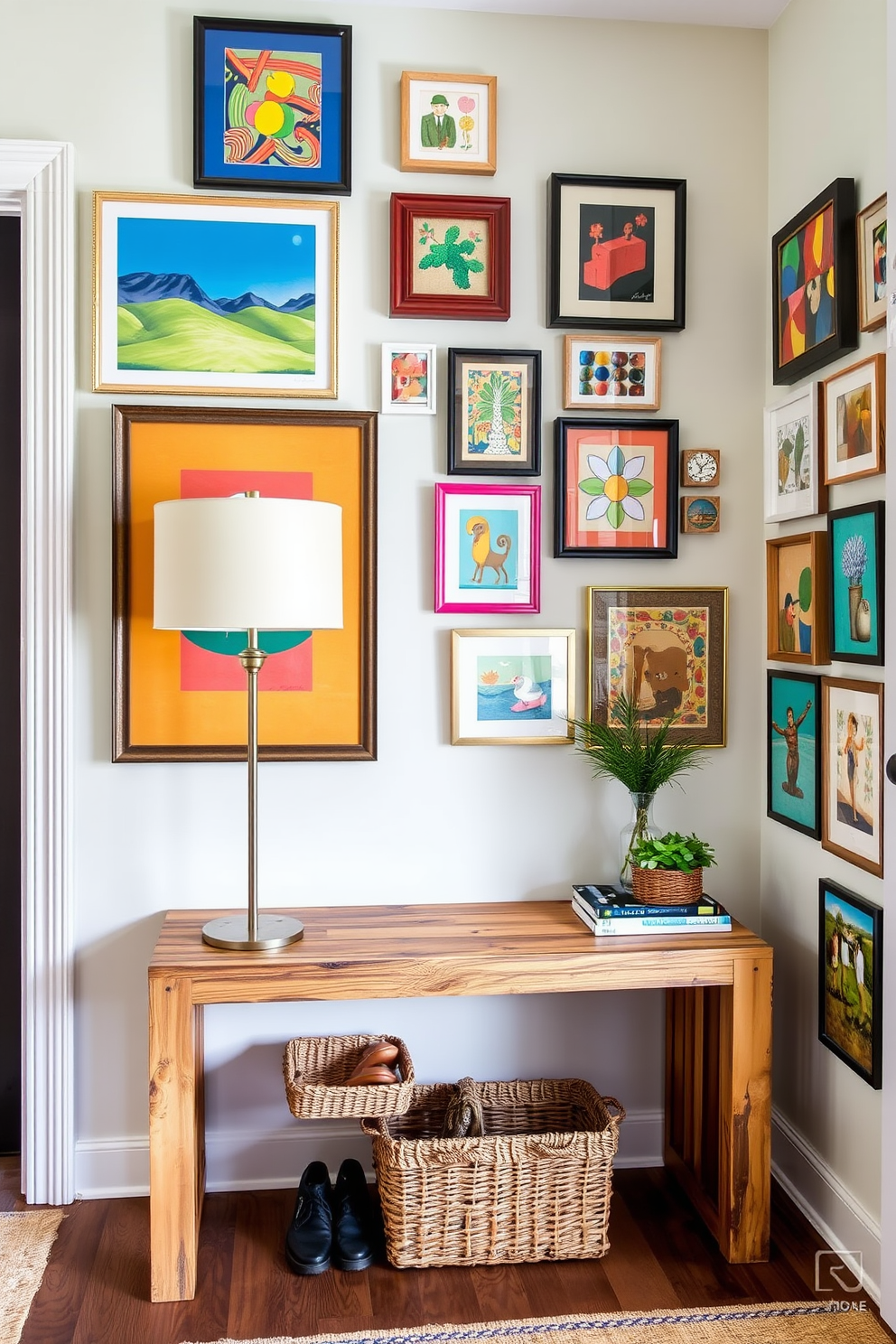 A vibrant entryway filled with colorful artwork that adds a cheerful touch to the space. The walls are adorned with an eclectic mix of framed paintings and prints in various sizes, creating a lively gallery effect. A sleek entryway table made of reclaimed wood sits against the wall, topped with decorative items such as a stylish lamp and a small potted plant. Below the table, a woven basket serves as a practical storage solution for shoes and accessories.