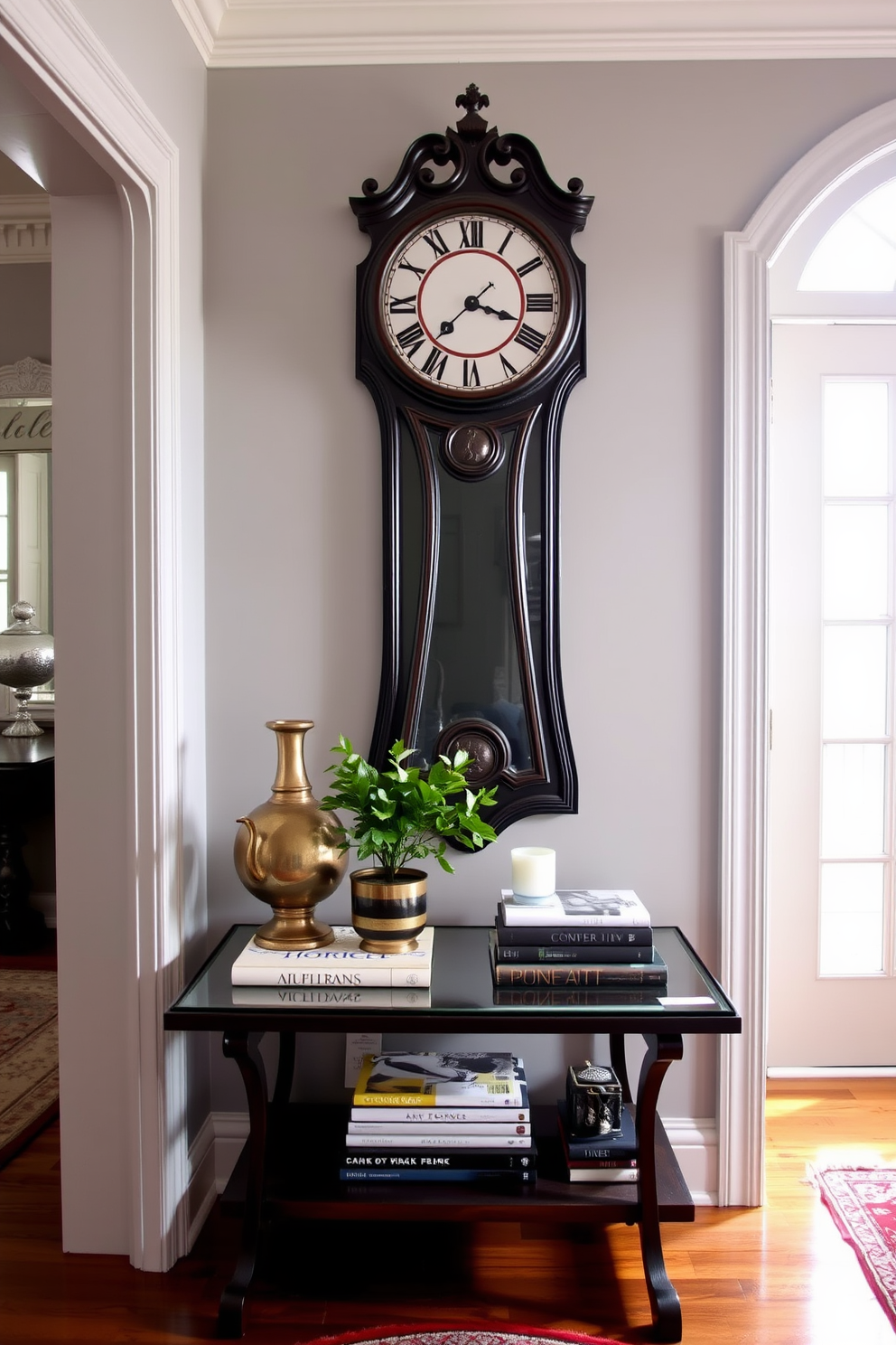 A welcoming entryway featuring a stylish table adorned with personalized photo frames that add warmth and character. The table is crafted from reclaimed wood, and above it, a large round mirror reflects natural light, enhancing the space's openness. The floor is laid with a soft area rug that complements the table's rustic charm. Potted greenery flanks the table, bringing a touch of nature indoors and creating an inviting atmosphere.