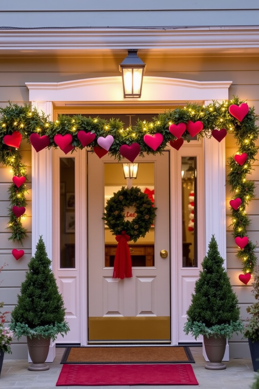 A charming entryway adorned with a heart garland draped gracefully across the entrance. The soft glow of string lights enhances the festive atmosphere, inviting guests to celebrate the warmth of Valentine's Day.