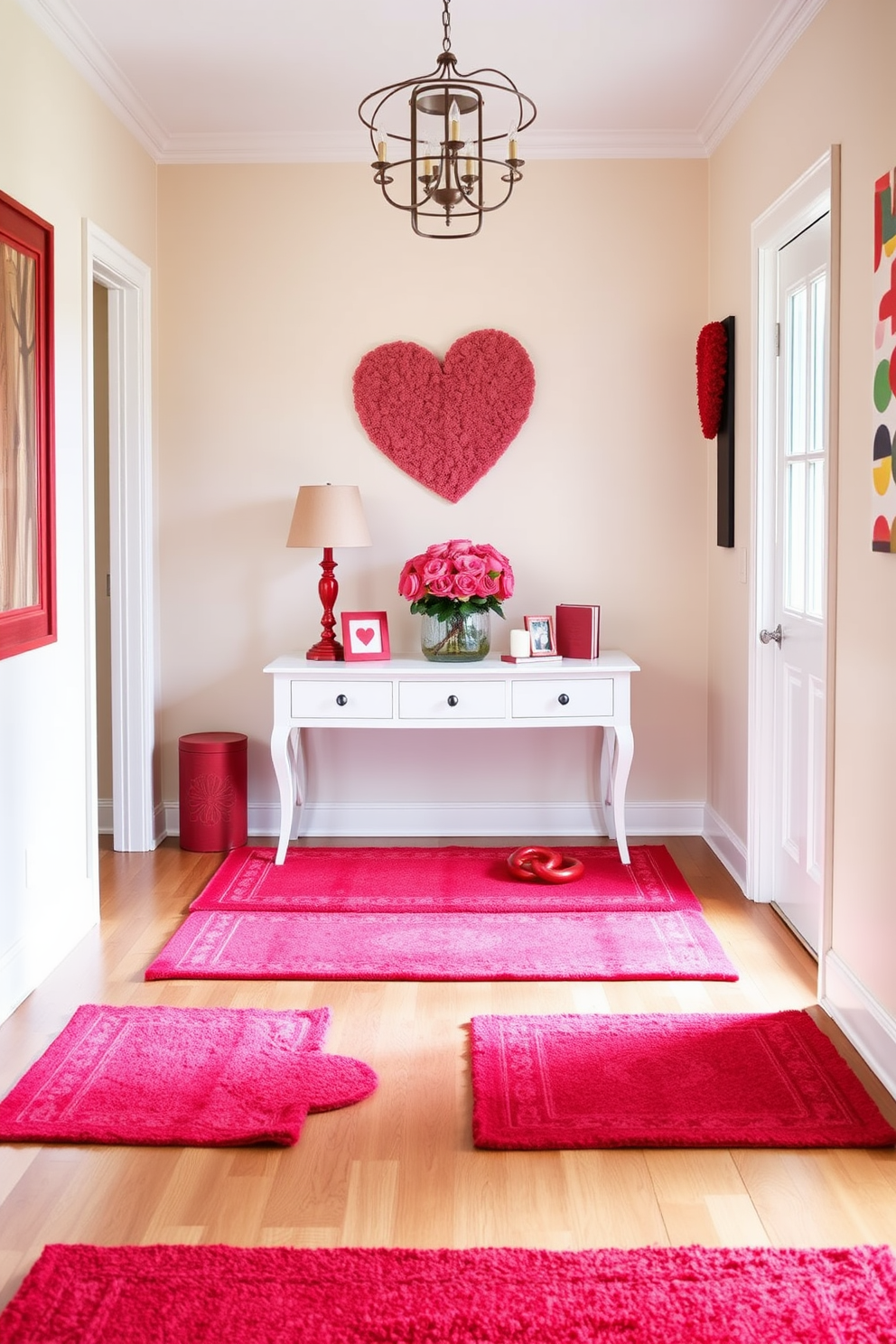 A warm and inviting entryway adorned with layered rugs in shades of red and pink. The space features a console table against the wall, decorated with heart-themed accents and a vase of fresh roses.