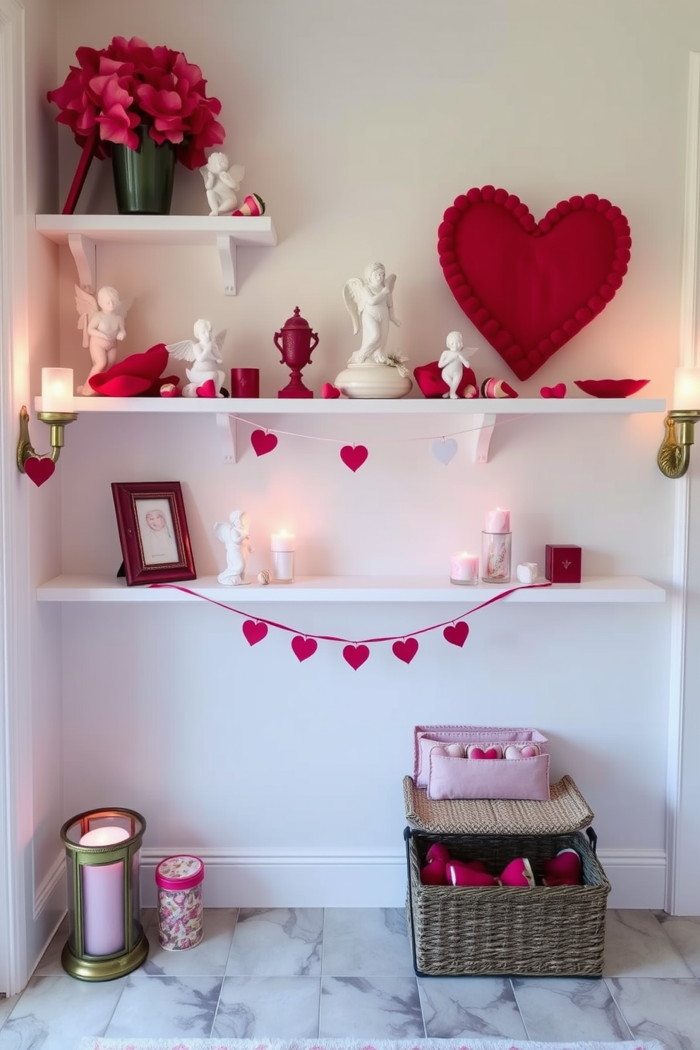 Create a charming entryway decorated for Valentine's Day featuring shelves adorned with cupids and cherubs. The space should evoke a romantic atmosphere with soft lighting and touches of red and pink throughout.