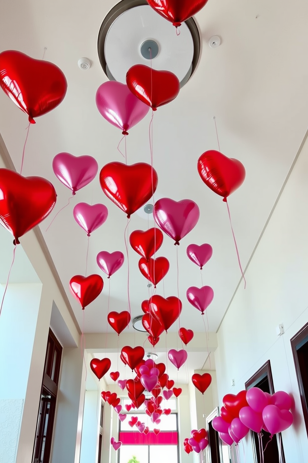 A charming foyer adorned with heart-shaped balloons in various shades of red and pink. The balloons float gracefully from the ceiling, creating a festive atmosphere perfect for Valentine's Day celebrations.