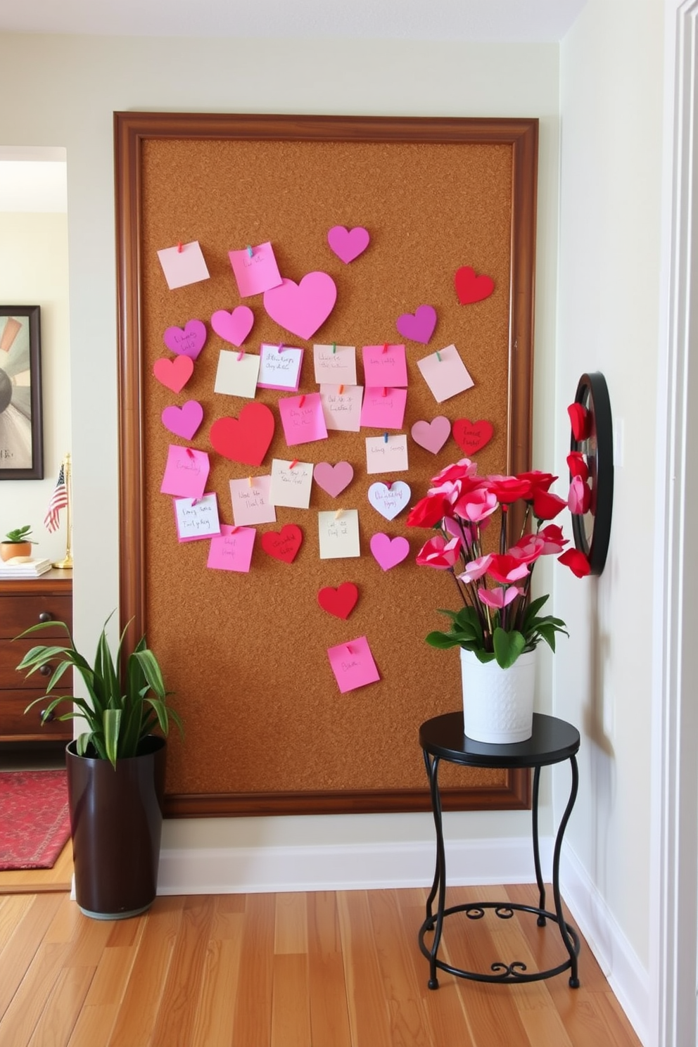 A charming entryway features a large chalkboard adorned with colorful Valentine's Day messages written in playful handwriting. Surrounding the chalkboard are heart-shaped decorations and soft pastel accents that create a warm and inviting atmosphere.