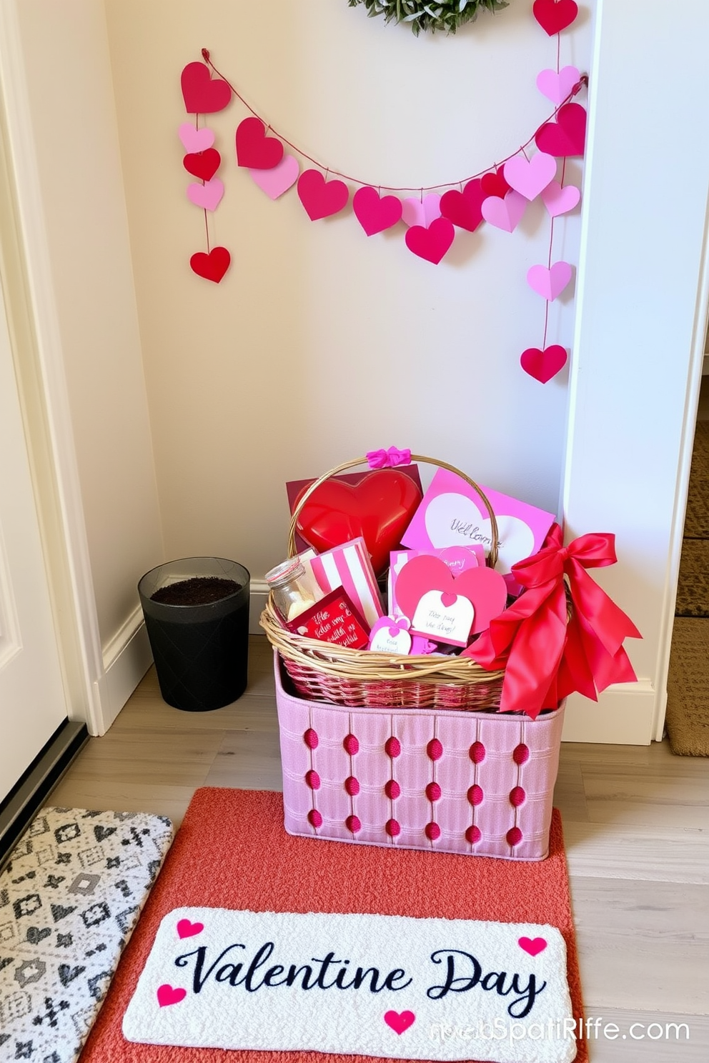 A stylish storage basket filled with Valentine goodies is placed in the entryway. The basket features a mix of red and pink items, including heart-shaped chocolates and decorative love notes. The entryway is adorned with festive decorations, including a garland of pink and red hearts draped along the wall. A welcoming doormat with a cheerful Valentine's Day message sits at the door, inviting guests into a warm and festive atmosphere.