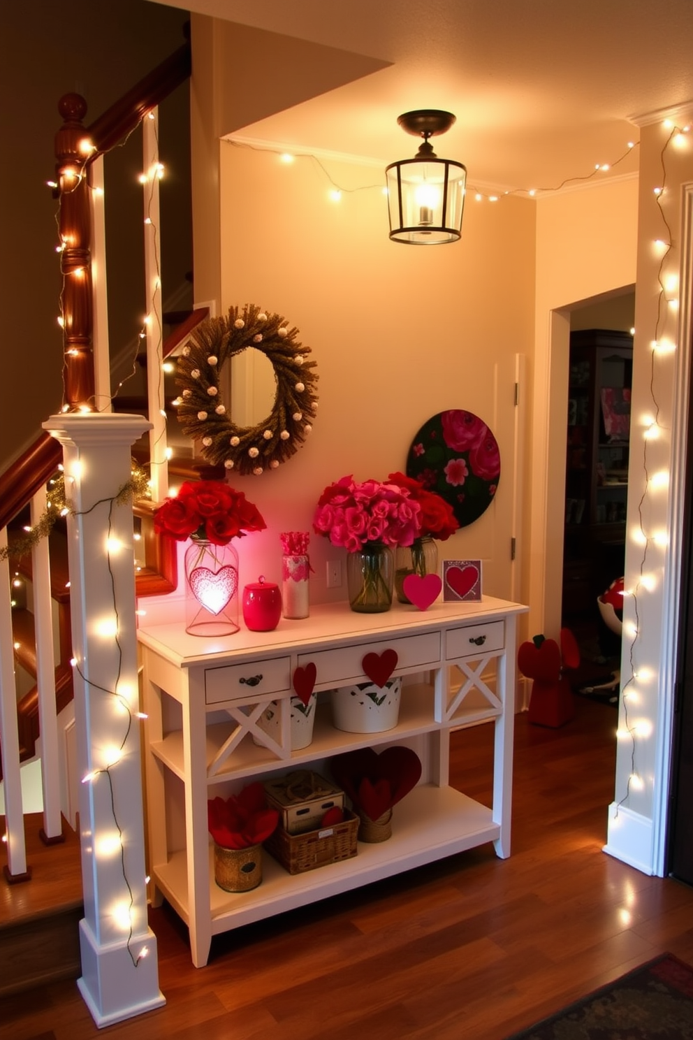 A charming entryway adorned with hanging heart decorations from the ceiling creates a warm and inviting atmosphere. The hearts are crafted from various materials, such as paper and fabric, in shades of red and pink, gently swaying with the slightest breeze. A console table is placed against the wall, decorated with a lovely arrangement of fresh flowers in a vase. Soft lighting from a nearby lamp casts a cozy glow, enhancing the romantic ambiance of the Valentine's Day decor.