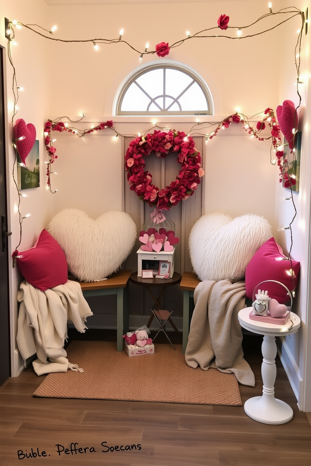 Heart-shaped pillows are arranged on entryway benches, adding a touch of warmth and charm to the space. The benches are adorned with soft throws, creating an inviting atmosphere perfect for Valentine's Day. Delicate garlands of faux flowers and twinkling fairy lights frame the entryway, enhancing the romantic theme. A small table nearby displays a collection of heart-themed decor items, completing the festive look.