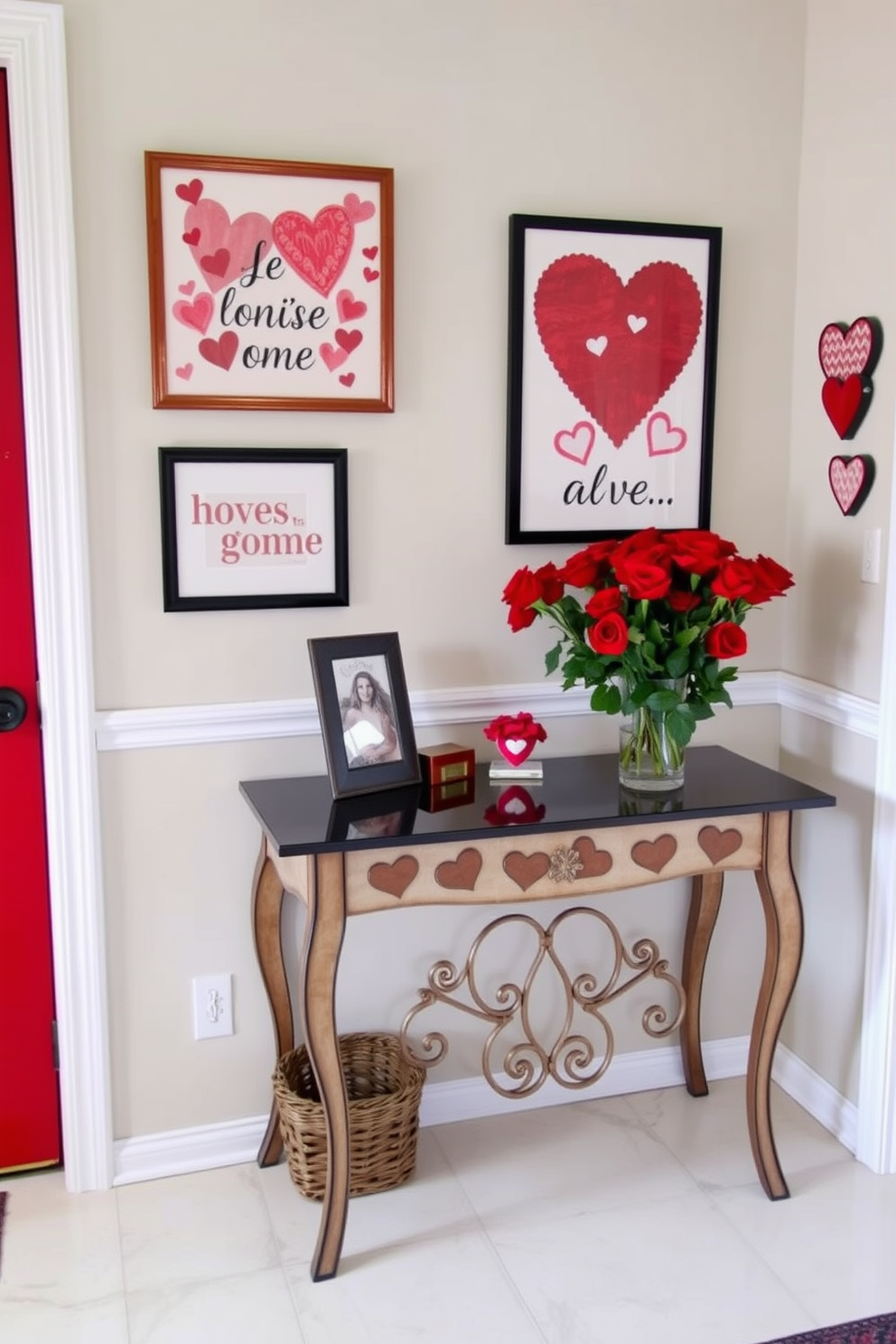 A charming entryway adorned for Valentine's Day. The walls are decorated with seasonal artwork featuring hearts and romantic quotes, while a decorative console table holds a bouquet of red roses in a glass vase.