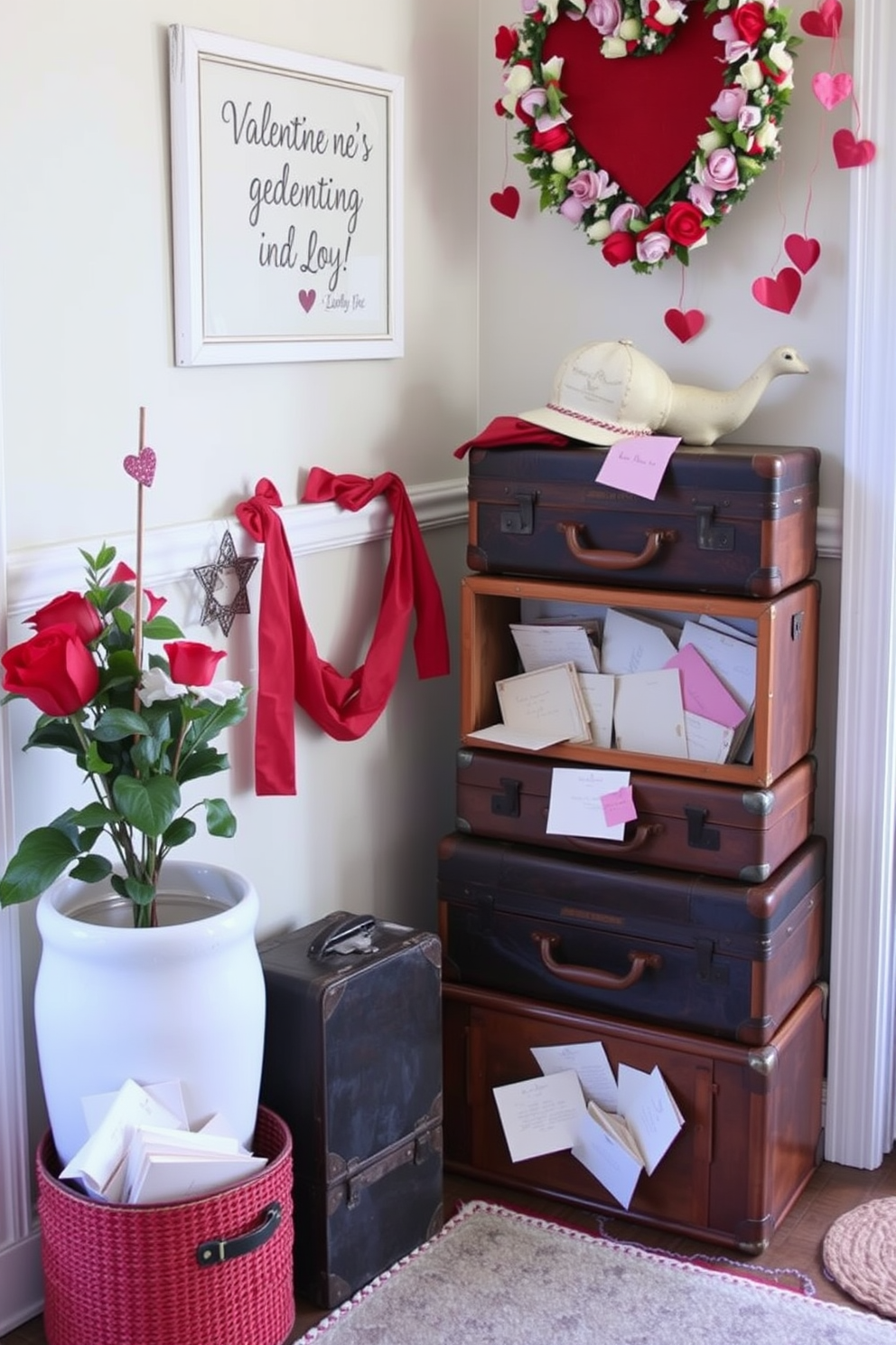 A charming entryway adorned for Valentine's Day features vintage suitcases artfully stacked in a corner. Each suitcase is filled with love letters, creating a nostalgic atmosphere that invites warmth and romance.