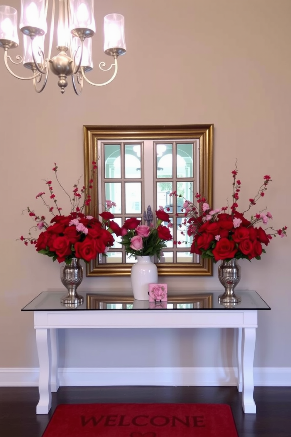 Create a warm and inviting entryway decorated for Valentine's Day. Red and pink floral arrangements in elegant vases are strategically placed on a console table, enhancing the romantic atmosphere. Soft lighting from a stylish chandelier casts a gentle glow over the space. A heart-themed welcome mat adds a charming touch at the entrance, inviting guests into a cozy and festive setting.