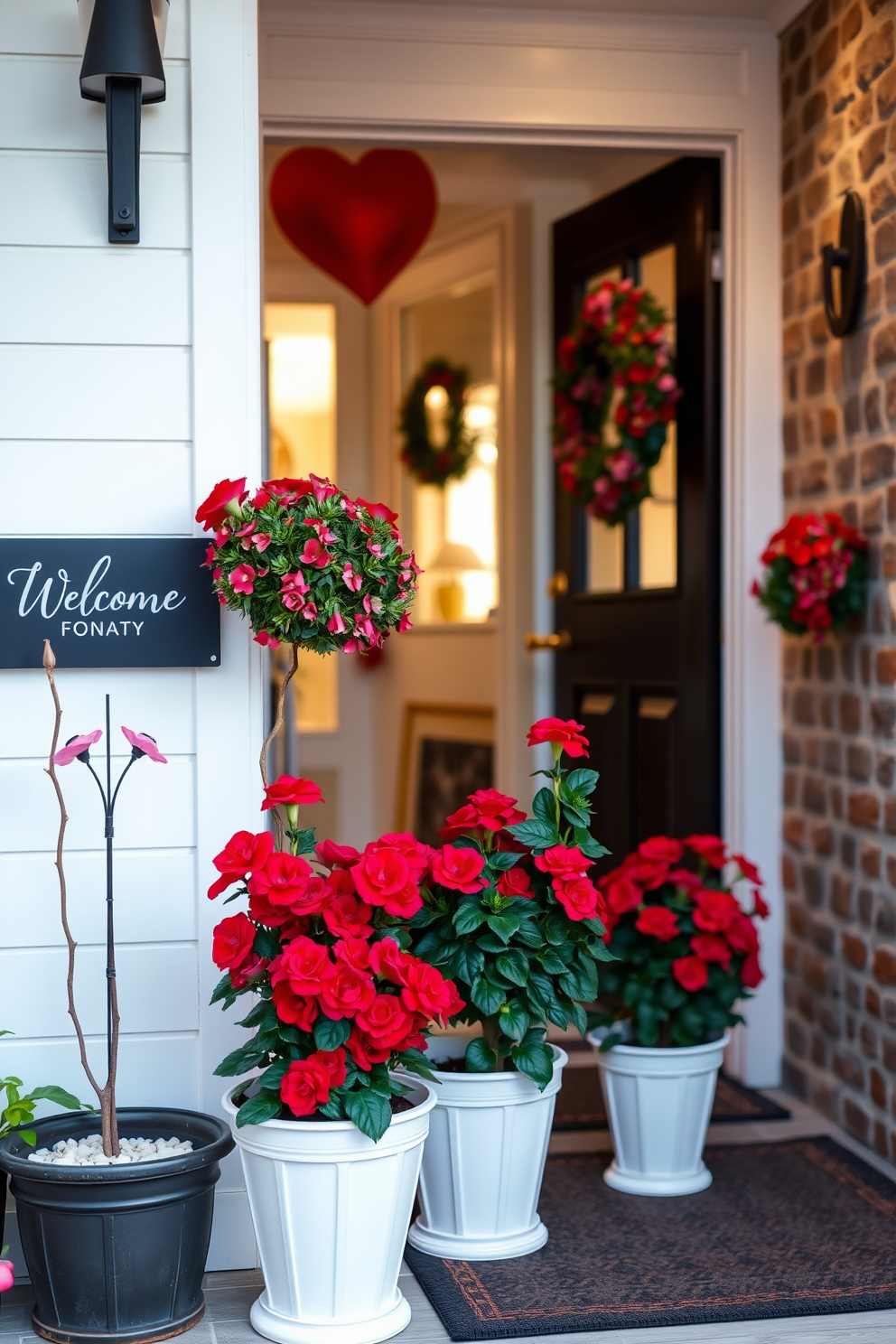 A welcoming entryway adorned with potted plants featuring vibrant red flowers positioned near the door. The decor reflects a festive Valentine's Day theme with heart-shaped accents and soft lighting.