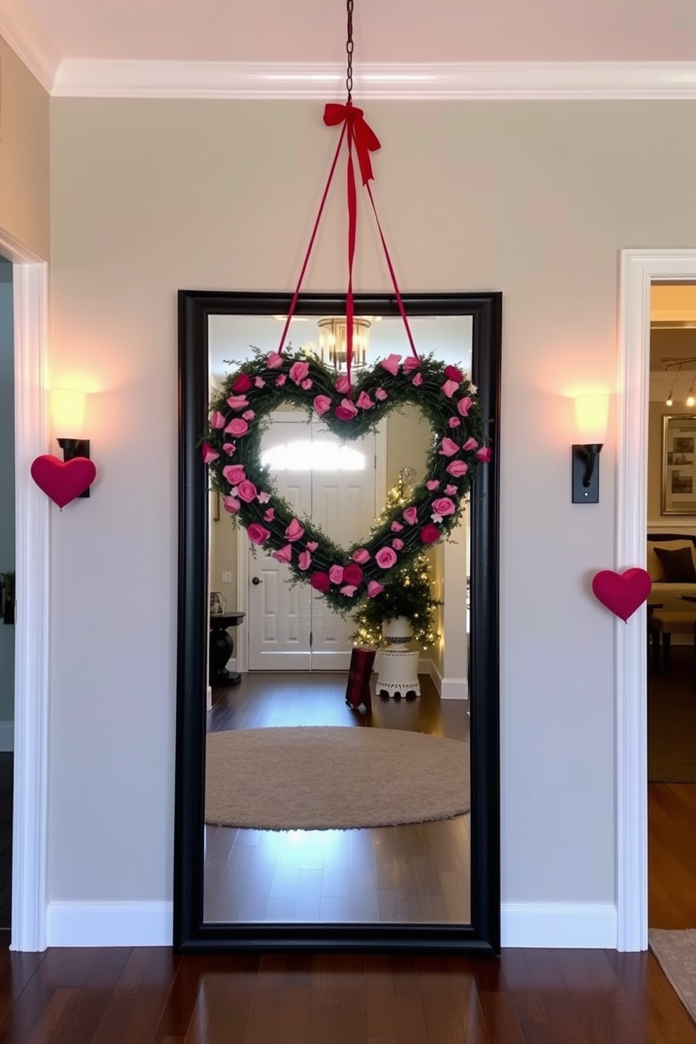 A charming DIY heart-shaped memory board is displayed in the entryway, adorned with photos and mementos that capture cherished memories. The board is framed with twinkling fairy lights, creating a warm and inviting atmosphere perfect for Valentine's Day. The entryway features a welcoming color palette of soft pinks and whites, complemented by decorative elements like heart-shaped garlands and fresh flowers. A cozy bench with plush cushions provides a perfect spot for guests to sit and admire the heartfelt decorations.