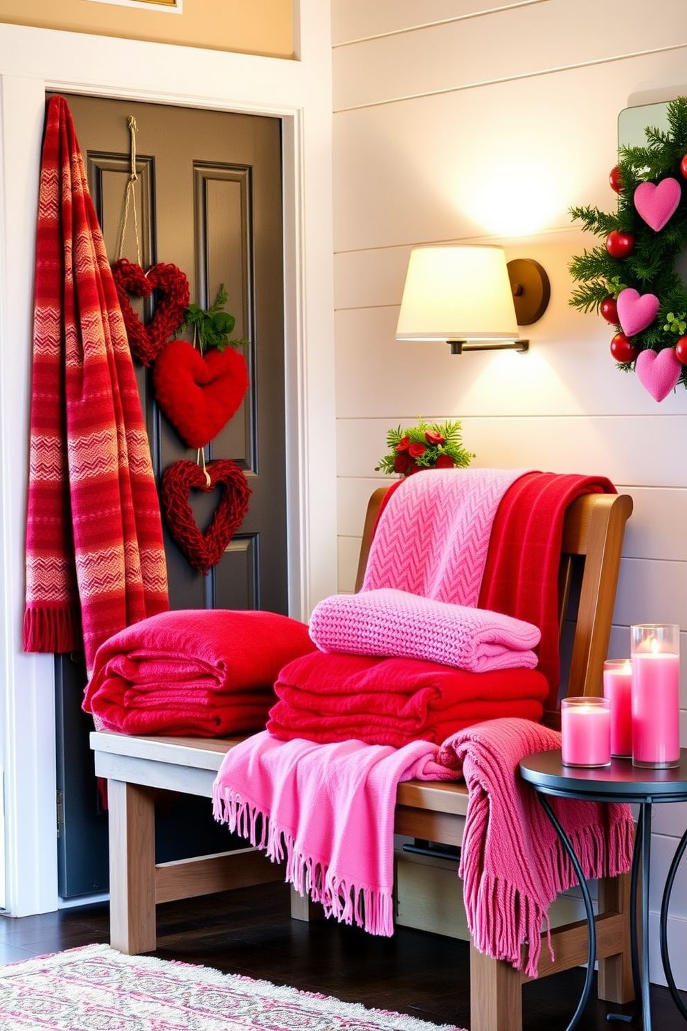 A cozy entryway adorned with seasonal throw blankets in festive colors. The space features a rustic wooden bench with a stack of vibrant red and pink blankets, inviting warmth and comfort. Valentines Day decorations are tastefully arranged, with heart-shaped wreaths hanging on the door. Soft lighting from a nearby lamp highlights a collection of romantic candles placed on a small side table.