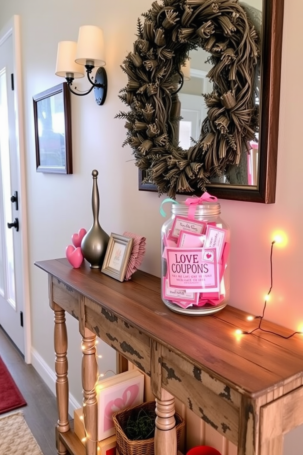 A charming entryway adorned with a decorative jar filled with colorful DIY love coupons. The jar sits on a rustic console table, surrounded by heart-shaped decor and twinkling fairy lights for a festive Valentine's Day atmosphere.