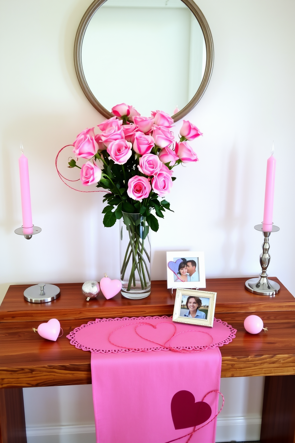 A vibrant entryway adorned with colorful heart-shaped confetti scattered across the floor. The walls are decorated with festive red and pink accents, welcoming guests with a cheerful Valentine's Day atmosphere.