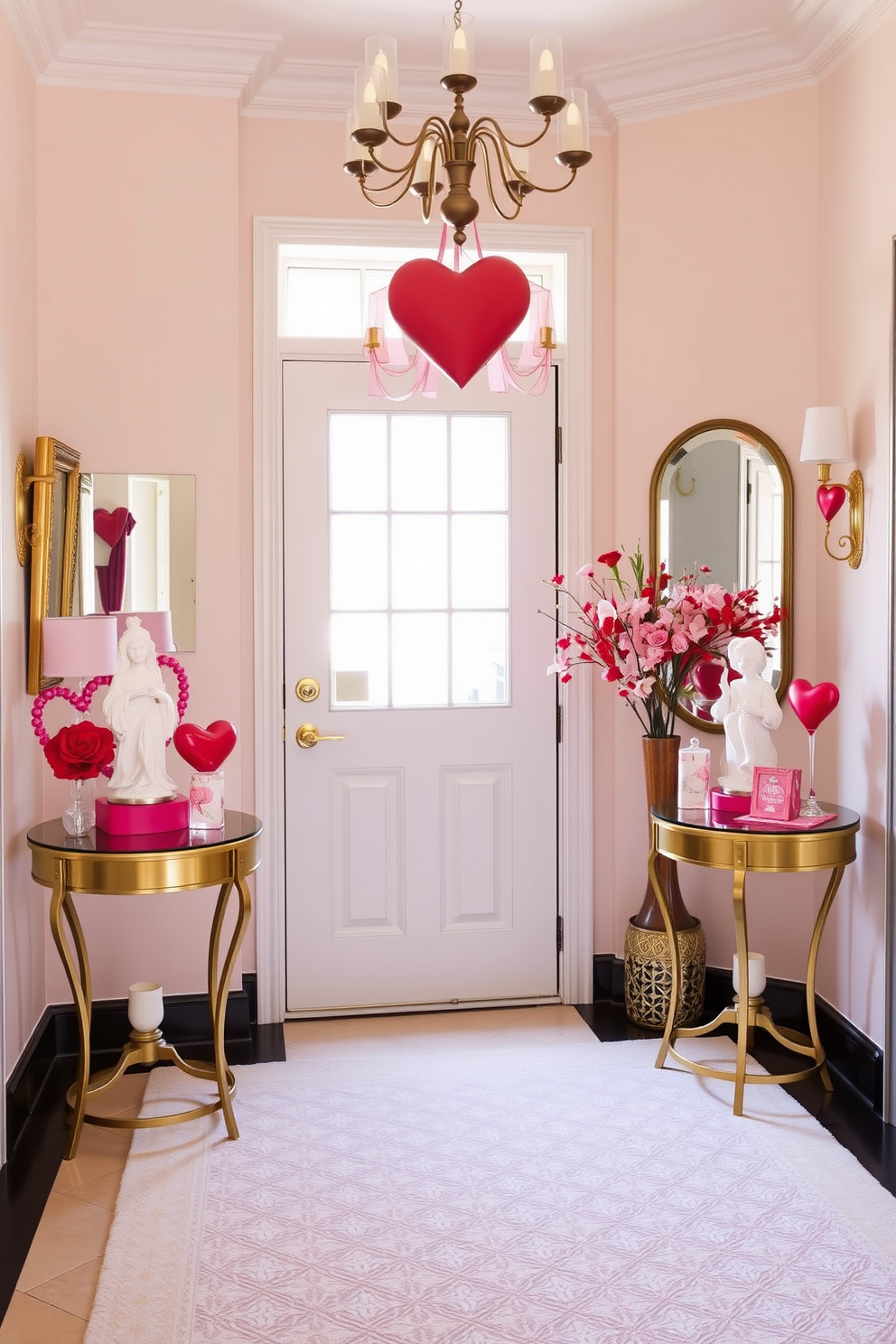 A charming entryway adorned with Valentine themed figurines placed on elegant side tables. Soft pink and red accents create a warm and inviting atmosphere, while heart-shaped decor adds a playful touch to the space.