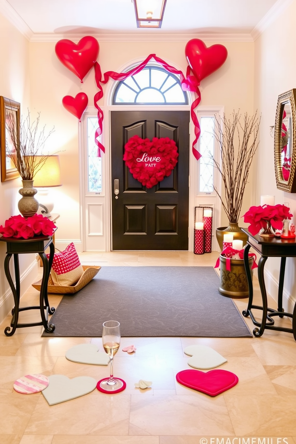 A personalized heart shaped welcome sign greets visitors at the entryway. The sign features elegant lettering and is adorned with floral accents, creating a warm and inviting atmosphere for Valentine's Day.