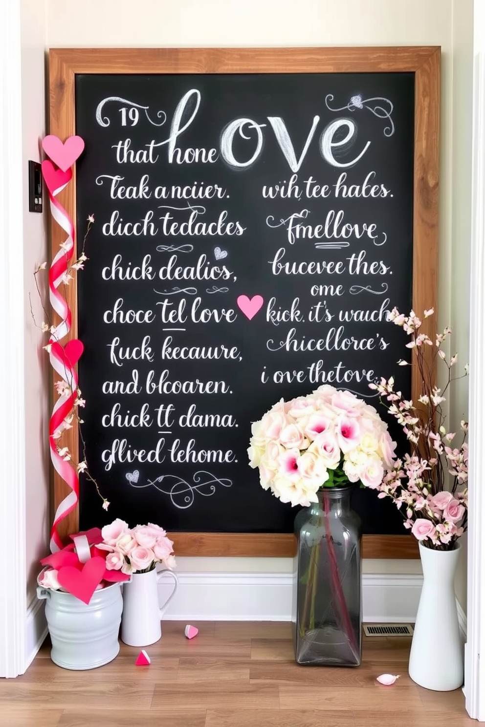 A stunning entryway adorned with a beautiful floral arrangement in a heart-shaped vase. The vibrant flowers in shades of pink and red create a warm and inviting atmosphere perfect for Valentine's Day.