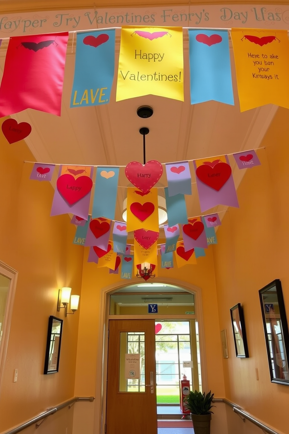 A vibrant entryway adorned with colorful banners strung across the ceiling. The banners feature hearts and cheerful messages, creating a festive atmosphere for Valentine's Day celebrations.