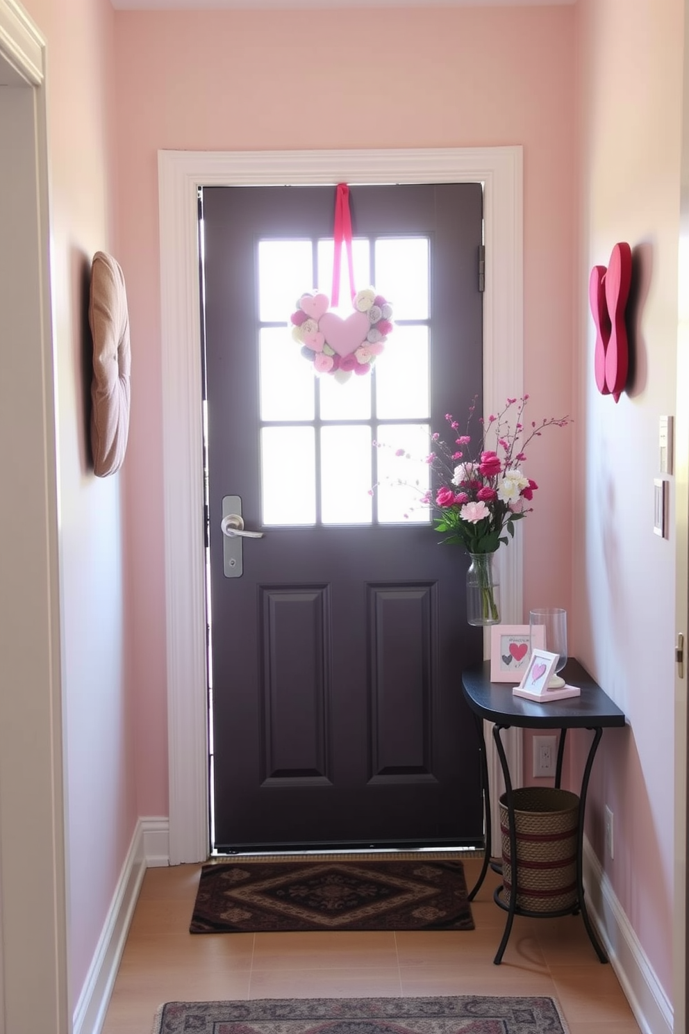 A charming entryway adorned with string lights featuring heart-shaped bulbs creates a warm and inviting atmosphere. The soft glow of the lights illuminates the space, enhancing the romantic feel of Valentine's Day decorations. A rustic wooden bench is placed against the wall, decorated with plush throw pillows in shades of red and pink. To the side, a small table holds a vase filled with fresh roses, adding a touch of elegance to the festive display.