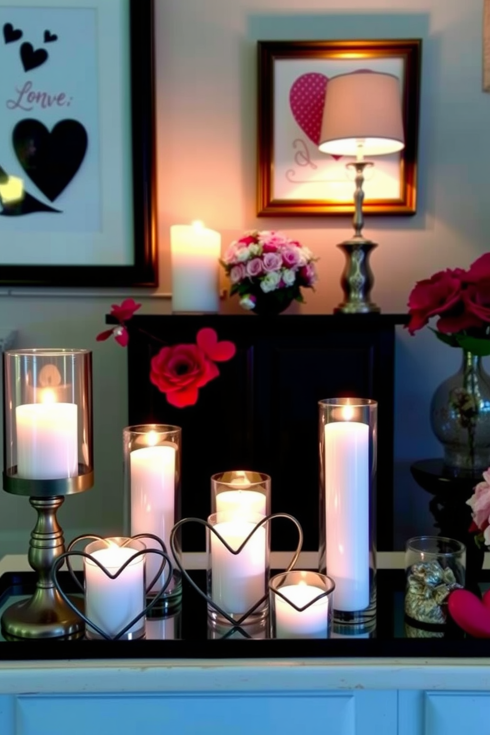 Create a warm and inviting entryway for Valentine's Day featuring candles in heart-shaped holders. The soft glow of the candles enhances the romantic atmosphere while decorative accents like fresh flowers and heart-themed artwork complete the look.