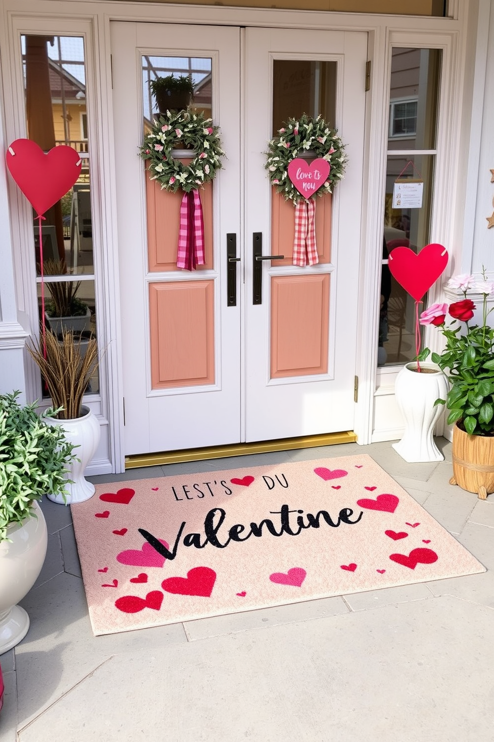 A Valentine themed doormat greets guests at the entryway adorned with hearts and romantic motifs. The surrounding space features soft pastel colors and charming decorations that evoke a warm and inviting atmosphere for Valentine's Day.