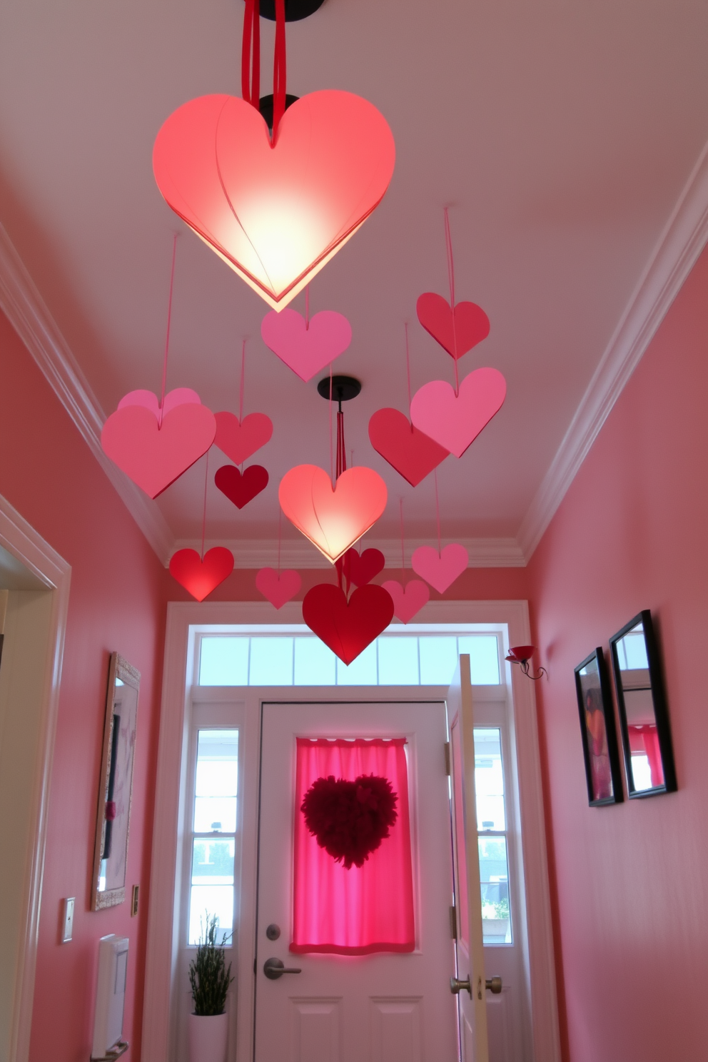 A charming entryway adorned with candles in pink and red hues creates a warm and inviting atmosphere. The candles are arranged on a decorative tray, accompanied by a bouquet of fresh flowers in similar colors, enhancing the Valentine's Day theme.