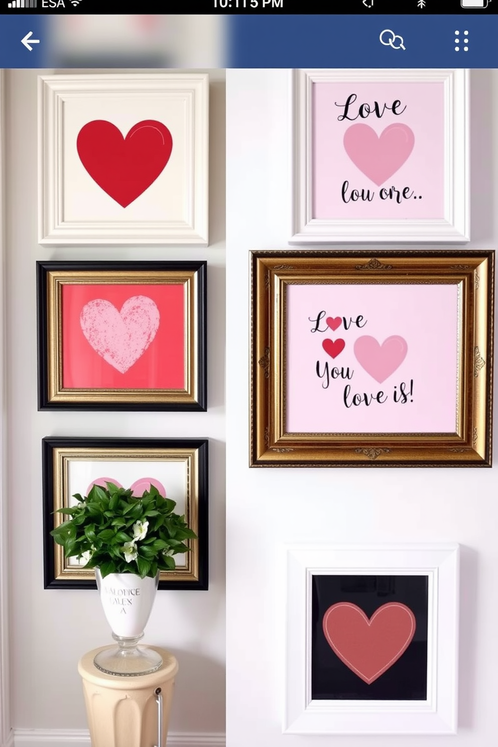 Cute love-themed prints in decorative frames adorn the walls of a charming entryway. The prints feature heart motifs and romantic quotes, each framed in elegant white wood, creating an inviting atmosphere for Valentine's Day.