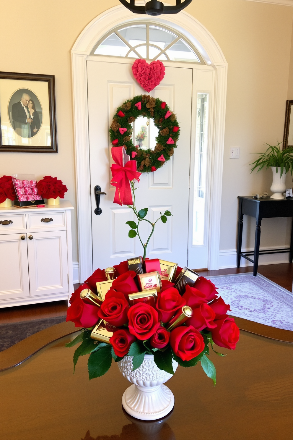 A charming entryway adorned for Valentine's Day features a decorative jar filled with miniature love letters tied with colorful ribbons. The jar sits atop a rustic console table, surrounded by heart-shaped accents and soft, ambient lighting that creates a warm and inviting atmosphere.