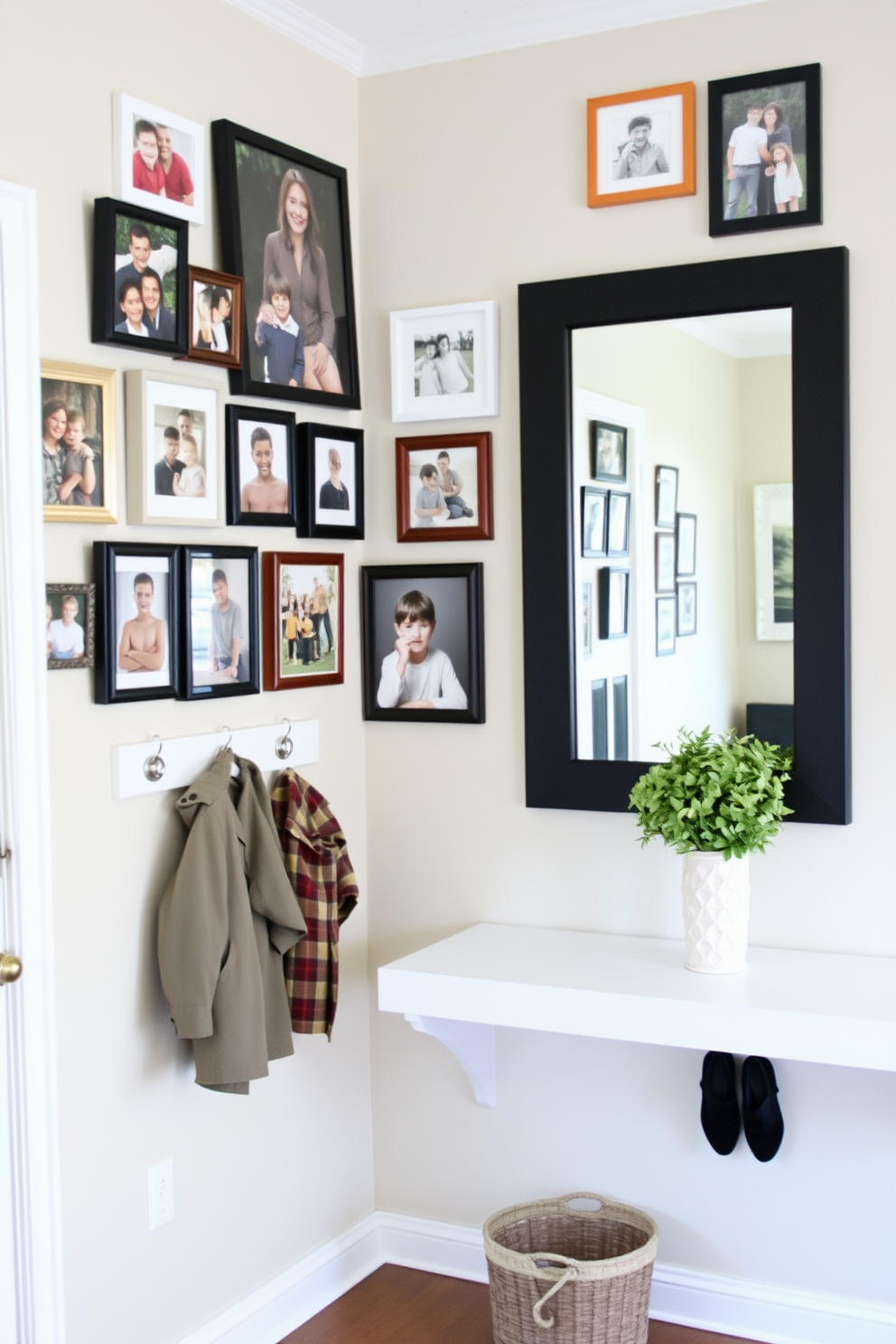 A gallery wall filled with family photos creates a warm and inviting atmosphere. The arrangement features a mix of frame styles and sizes, showcasing cherished memories in a cohesive layout. The entryway wall design is both functional and stylish. It incorporates a sleek console table beneath a large mirror, with hooks for coats and a small basket for shoes, all in a neutral color palette.