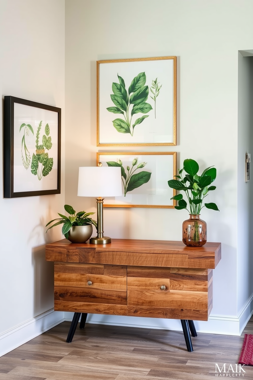 Framed botanical prints adorn the entryway walls, bringing a refreshing touch of nature indoors. The prints feature a variety of green hues and intricate details, creating a serene and inviting atmosphere. The entryway is complemented by a sleek console table made of reclaimed wood. A stylish lamp sits atop the table, casting a warm glow that enhances the natural vibe of the space.