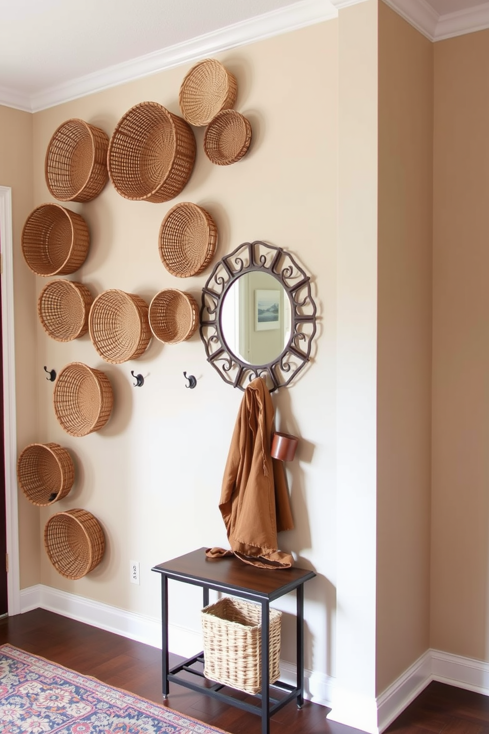 Woven baskets are arranged in an artistic pattern on the wall, creating a functional yet stylish storage solution. The natural textures of the baskets complement the warm tones of the entryway, enhancing the overall aesthetic. The entryway features a statement wall painted in a soft neutral color, accented with hooks for coats and bags. A decorative mirror hangs above a small console table, adding depth and functionality to the space.