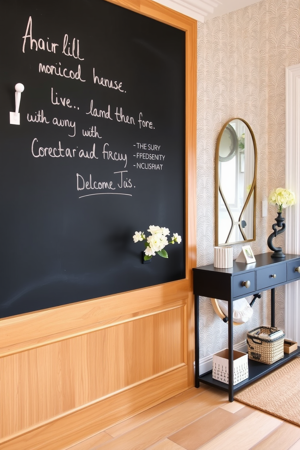 A chalkboard wall serves as a dynamic canvas for creative messages and artistic expressions. The wall is framed by sleek wooden trim, enhancing its modern aesthetic while providing a functional space for notes and drawings. The entryway features a stylish design that welcomes guests with warmth and personality. A combination of textured wallpaper and decorative hooks creates an inviting atmosphere, complemented by a chic console table adorned with decorative accents.