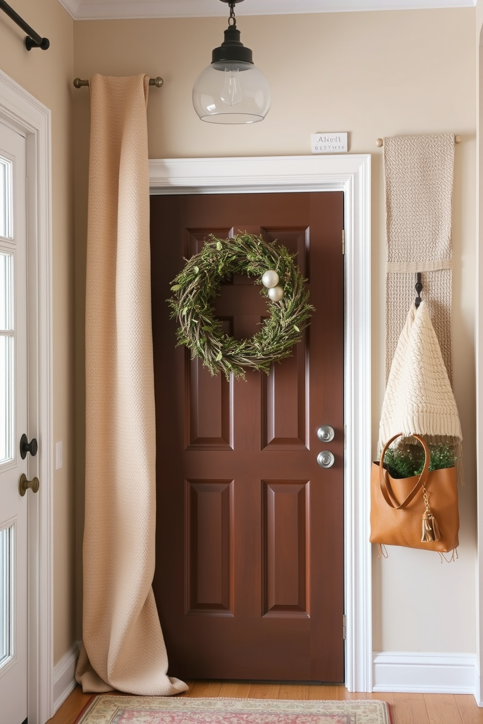 Textured fabric wall hangings create a warm and inviting atmosphere in the entryway. Incorporate a mix of neutral tones and soft textures to enhance the visual appeal and comfort of the space. Consider using oversized fabric panels that drape elegantly from the ceiling to the floor. Pair these with decorative hooks for functionality and to display seasonal accessories.