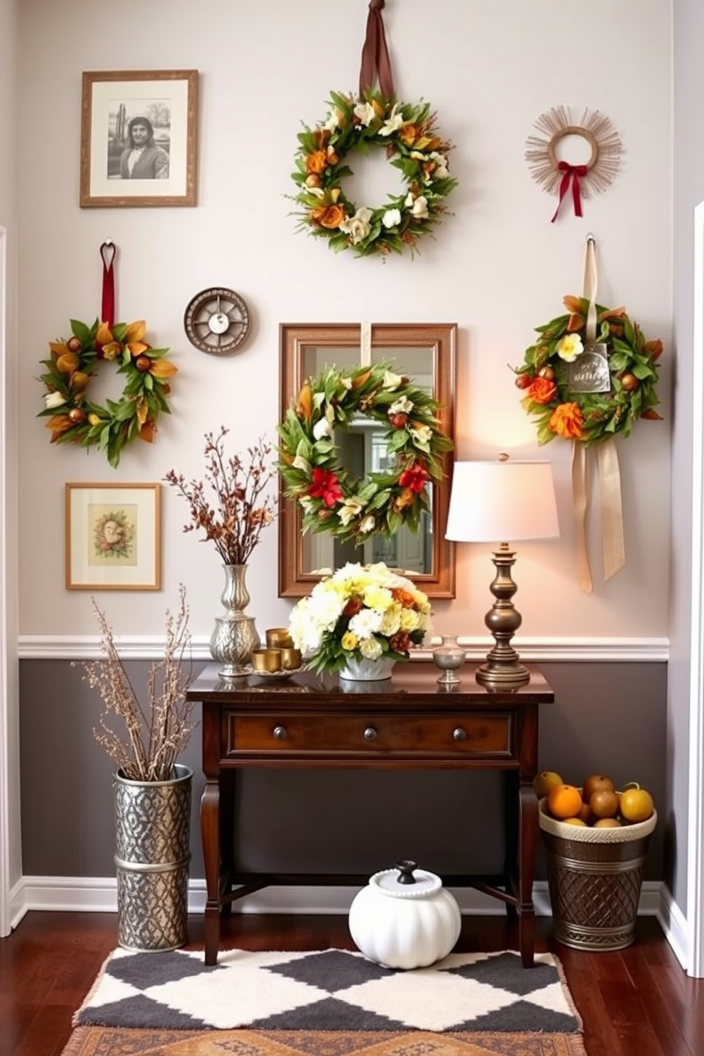 A personalized name sign is elegantly displayed above the entryway, crafted from natural wood with a modern font that complements the overall design. The entryway features a soft color palette with subtle textures, creating a warm and inviting atmosphere. The wall design incorporates a mix of framed artwork and decorative shelves, showcasing personal mementos and stylish decor. A statement light fixture hangs above, illuminating the space and enhancing the welcoming feel of the entryway.