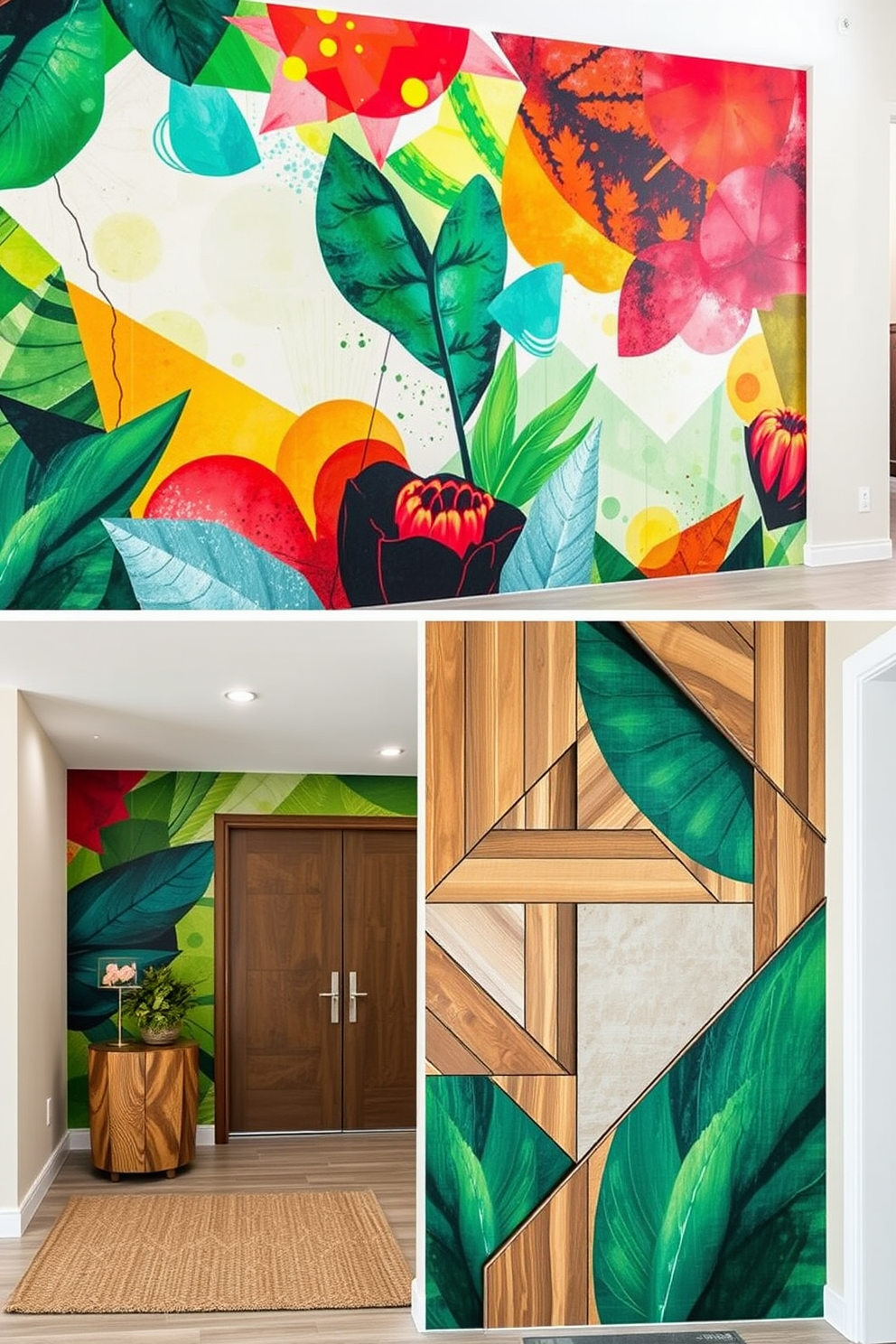 A striking mural that captures the essence of nature with vibrant colors and abstract shapes. The design should evoke a sense of tranquility and invite guests into the home. An entryway featuring a bold wall design that combines geometric patterns with rich textures. Incorporate a mix of materials such as wood and metal to create a welcoming and stylish first impression.