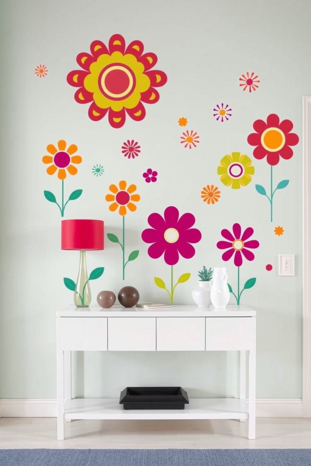 Artistic wall decals featuring vibrant colors and whimsical shapes create a playful atmosphere in the entryway. The decals showcase a mix of floral patterns and abstract designs, inviting guests into a cheerful and creative space. The entryway is adorned with a soft pastel color palette that complements the lively wall decals. A sleek console table sits beneath the decals, topped with decorative items that enhance the playful theme.