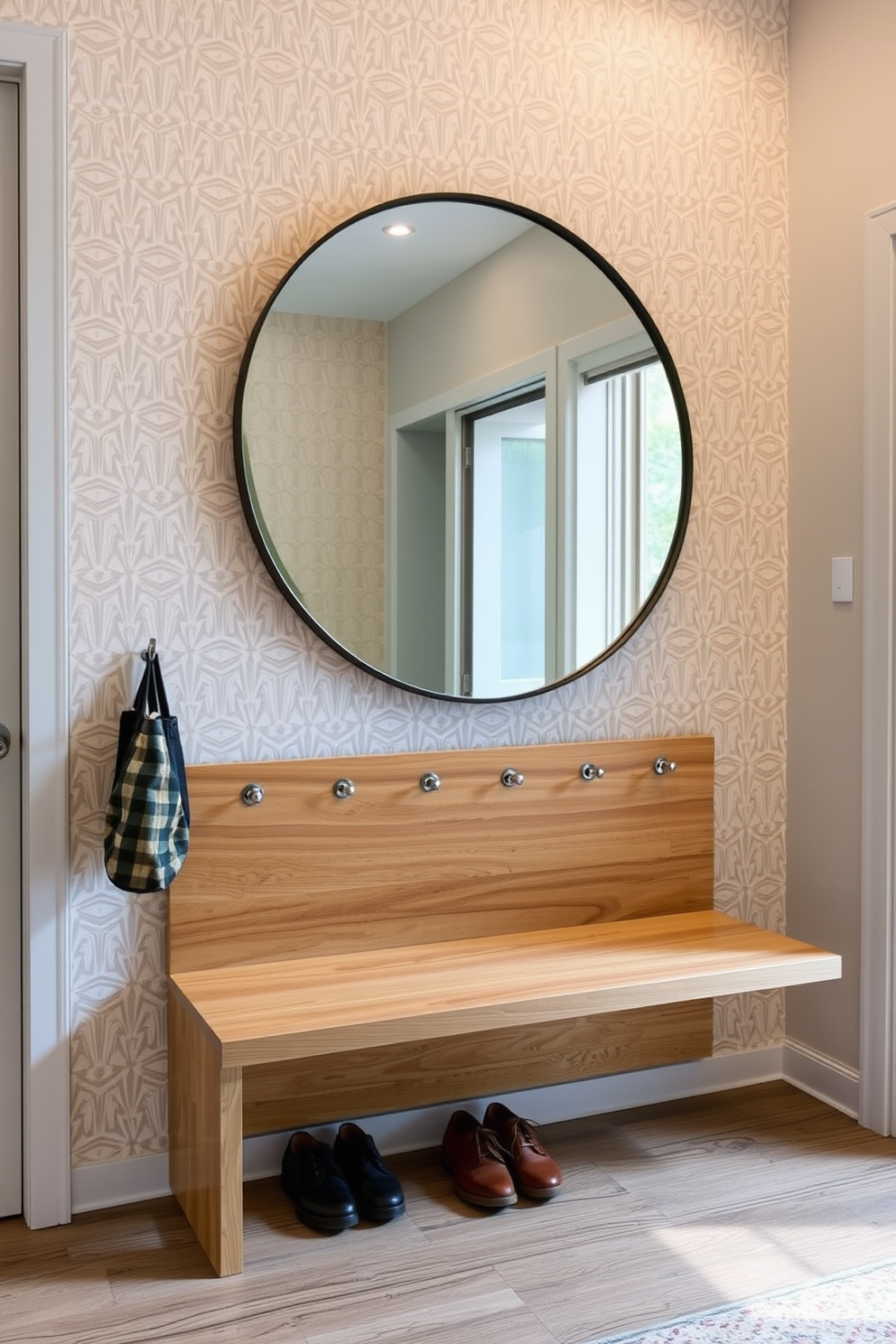 A modern entryway features a sleek wall-mounted bench made of natural wood, providing a comfortable seating area for putting on shoes. The wall behind the bench is adorned with a geometric patterned wallpaper in soft neutral tones, creating an inviting atmosphere. The entryway includes hooks for coats and bags, seamlessly integrated into the design of the bench. A large round mirror hangs above the bench, reflecting natural light and enhancing the space's openness.