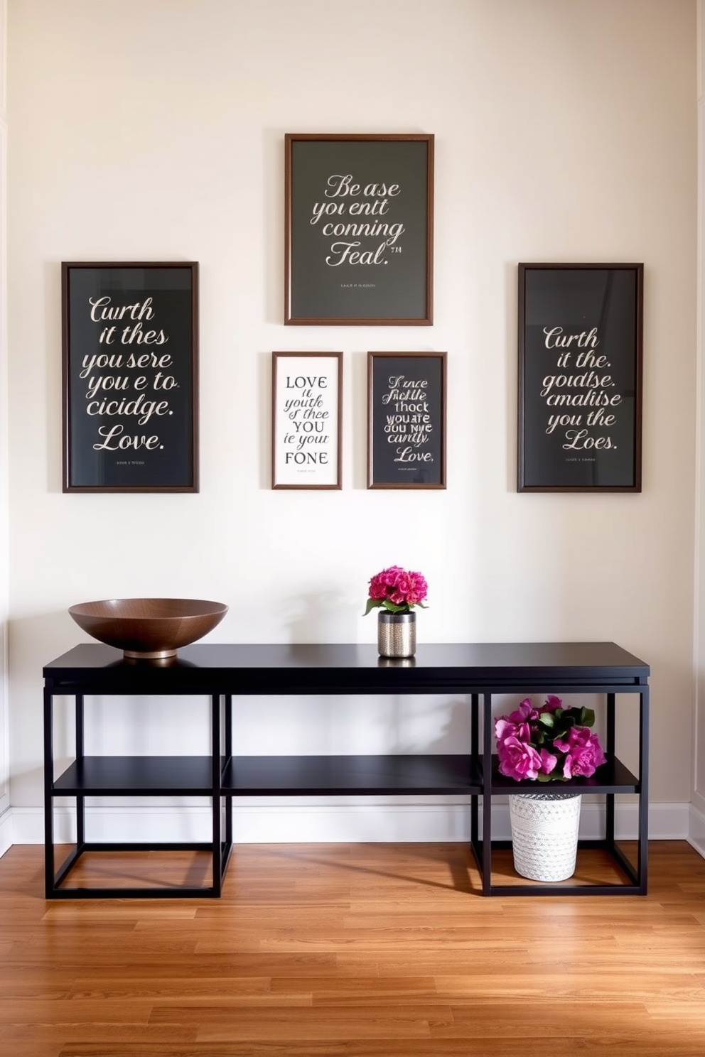 Inspirational quotes adorn the walls of a welcoming entryway. The space features a sleek console table with a decorative bowl and a vibrant potted plant. The entryway walls are painted in a soft, inviting hue that complements the flooring. Framed quotes in elegant typography are displayed in a gallery-style arrangement, creating an uplifting atmosphere.