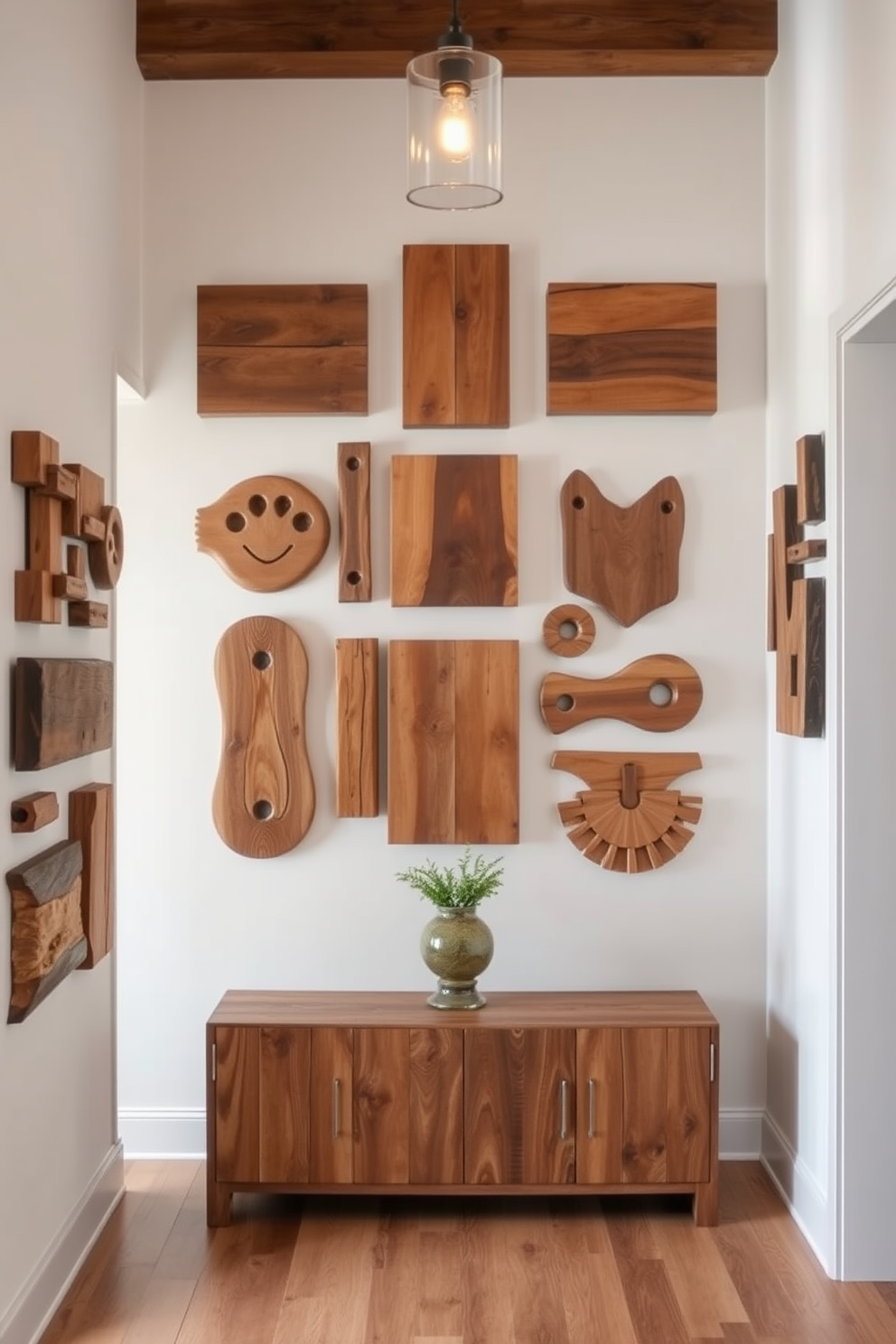 A stunning entryway features an array of wooden wall art that adds rustic charm to the space. Each piece is carefully arranged to create a warm and inviting atmosphere, complemented by soft lighting that highlights the textures of the wood.