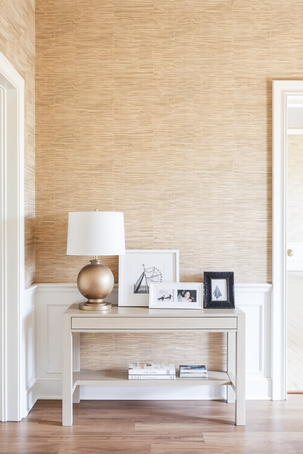 A stylish ladder shelf made of natural wood leans against a light gray wall in the entryway. The shelves are adorned with an array of colorful books, small potted plants, and decorative items that add personality to the space. The wall features a subtle geometric pattern in soft pastels, creating a welcoming atmosphere. A framed piece of art hangs above the shelf, complementing the overall color scheme and enhancing the entryway's charm.