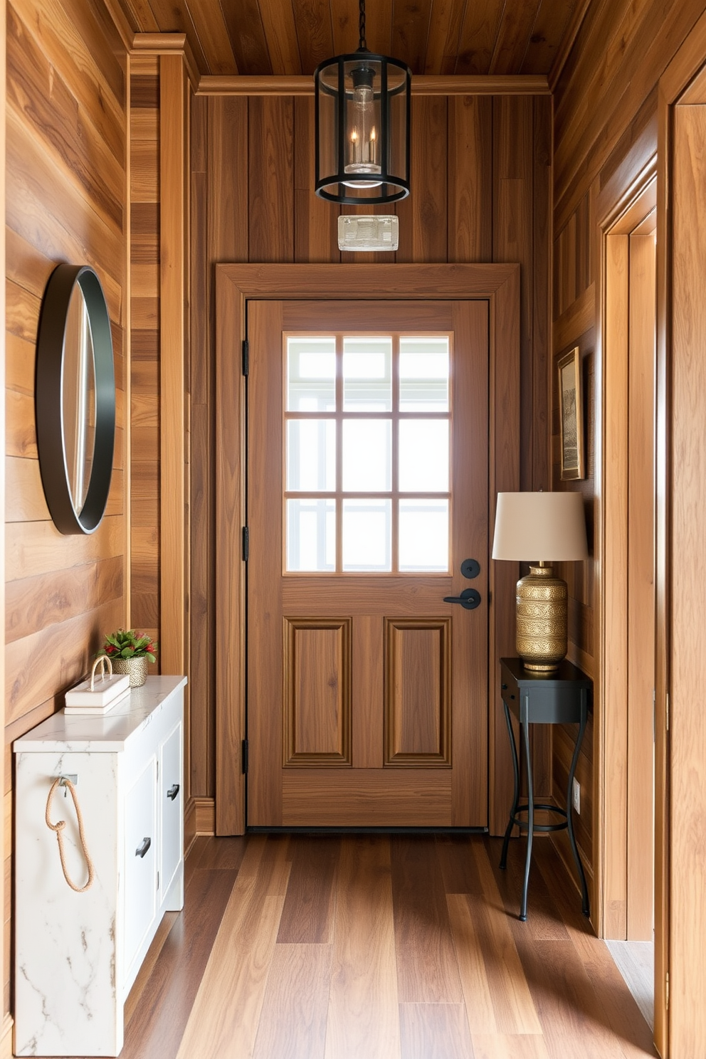 A stunning entryway features a mirrored wall that creates an illusion of spaciousness and reflects natural light. The design incorporates elegant wall sconces on either side of the mirrors, enhancing the overall ambiance. The floor is adorned with a luxurious runner rug that adds warmth and texture to the space. A stylish console table is placed against the mirrored wall, topped with decorative items and a statement vase for a welcoming touch.