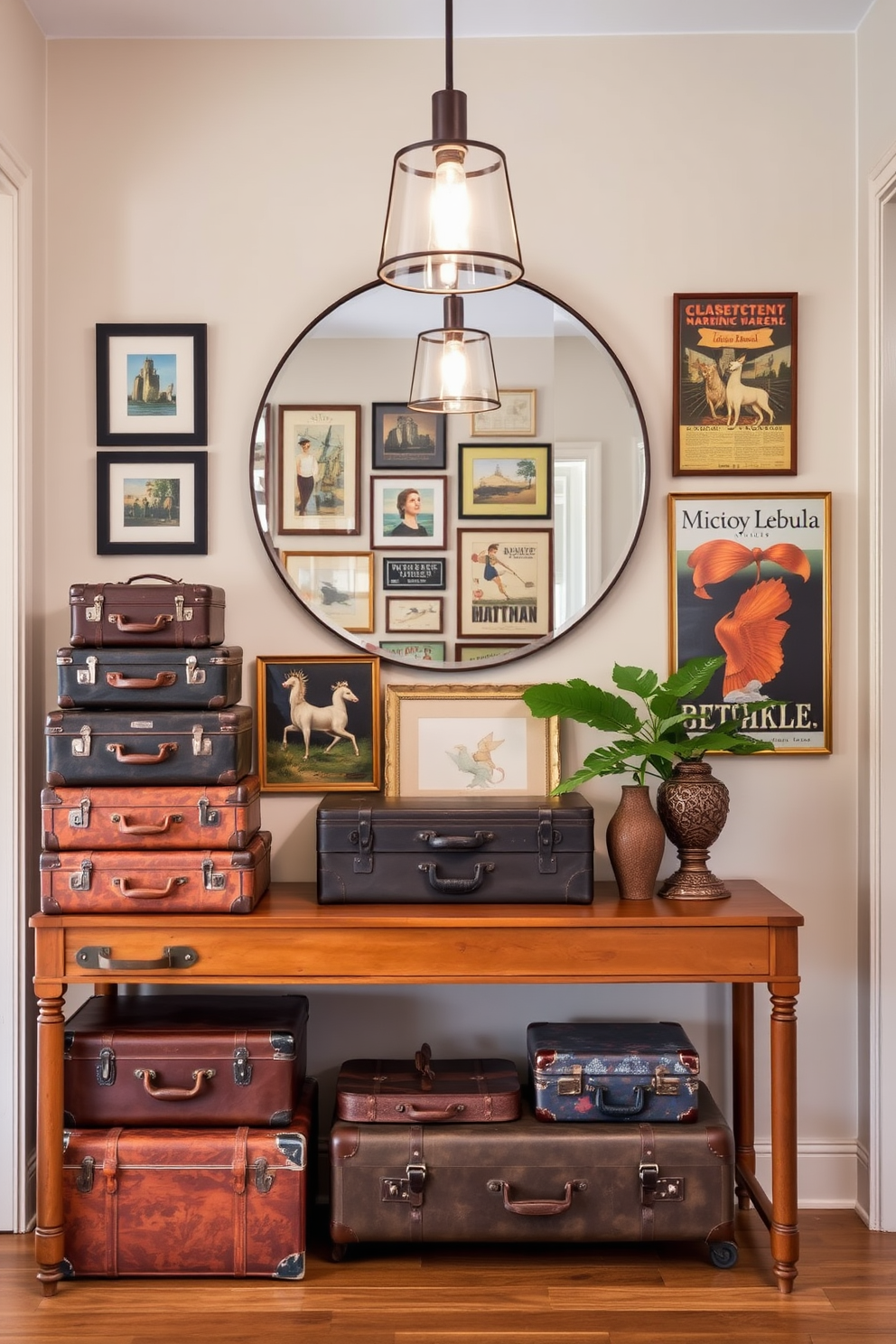 A sleek wall-mounted shoe rack is designed to maximize space in the entryway. The rack features multiple shelves with a minimalist aesthetic, allowing for easy organization of shoes while keeping the area tidy. The wall is painted in a soft gray tone, complementing the natural wood of the shoe rack. A small potted plant sits on the top shelf, adding a touch of greenery to the entrance.