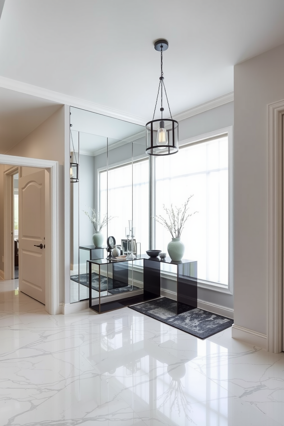 A stunning entryway features a mirrored accent wall that beautifully reflects natural light, creating an inviting atmosphere. The floor is adorned with elegant marble tiles, and a sleek console table sits against the wall, topped with decorative elements. The walls are painted in a soft neutral tone that complements the mirrors, enhancing the overall brightness of the space. A stylish pendant light hangs from the ceiling, adding a touch of sophistication to this welcoming entryway.