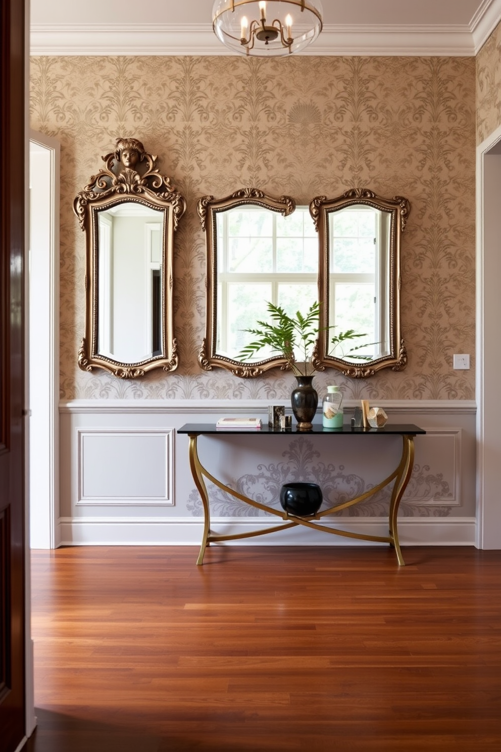 A stunning entryway featuring vintage mirrors that enhance the classic aesthetic. The walls are adorned with elegant wallpaper that complements the mirrors and creates a warm welcome. The floor is finished with rich hardwood, adding depth to the space. A stylish console table sits beneath the mirrors, adorned with decorative items and a small potted plant.